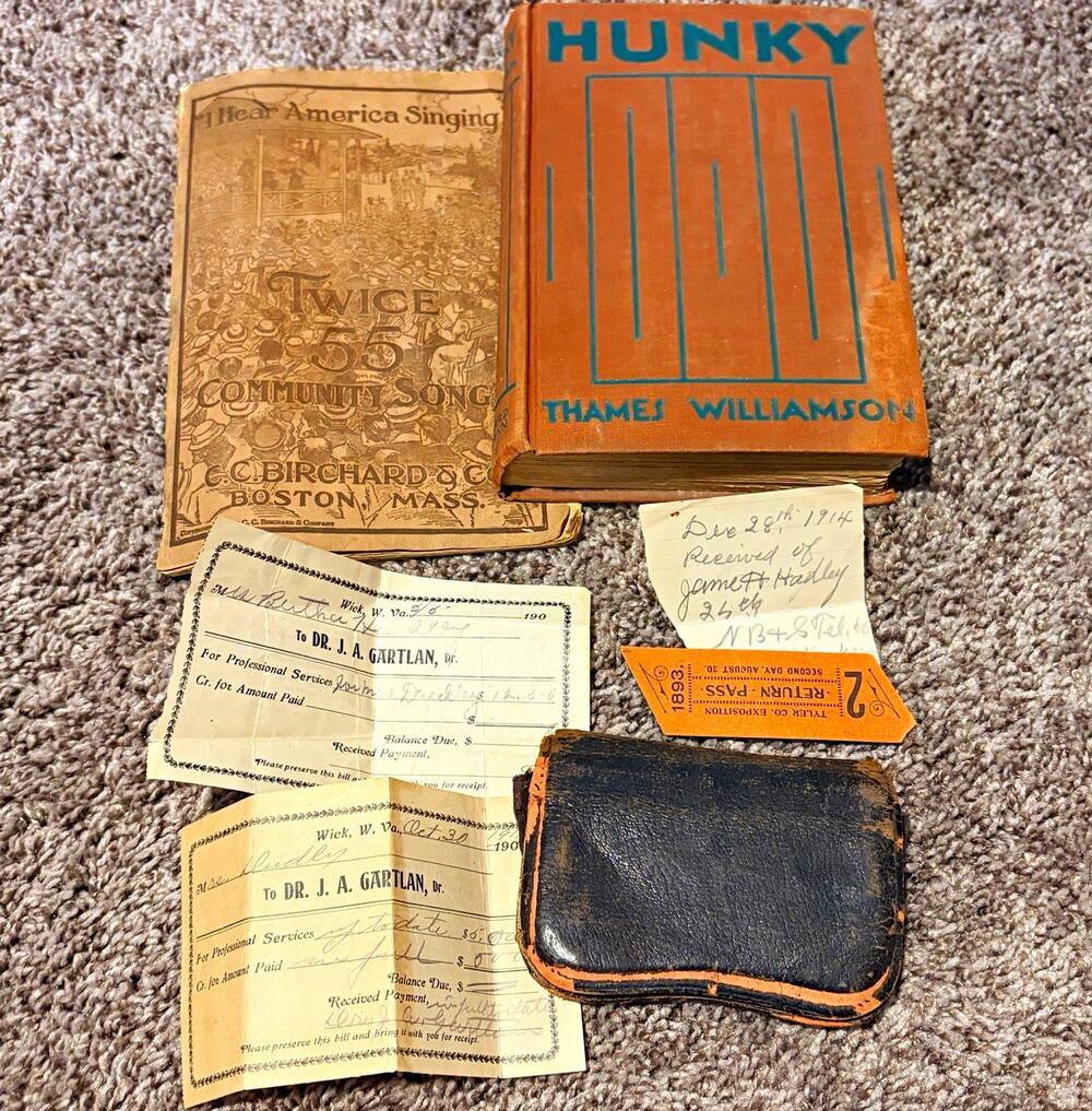 1893 Tyler Co. ticket, 1911 receipt, 1929 Hunky 1st ed, 1919 Twice 55 song book